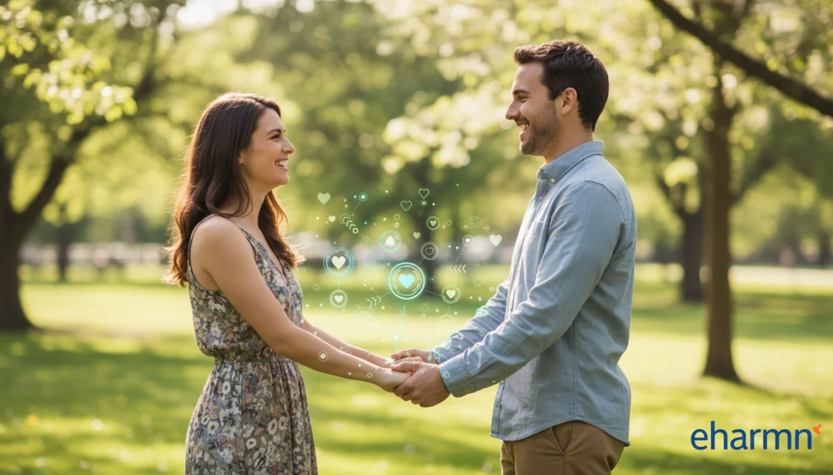 Happy couple enjoying a date, representing successful eHarmony match.