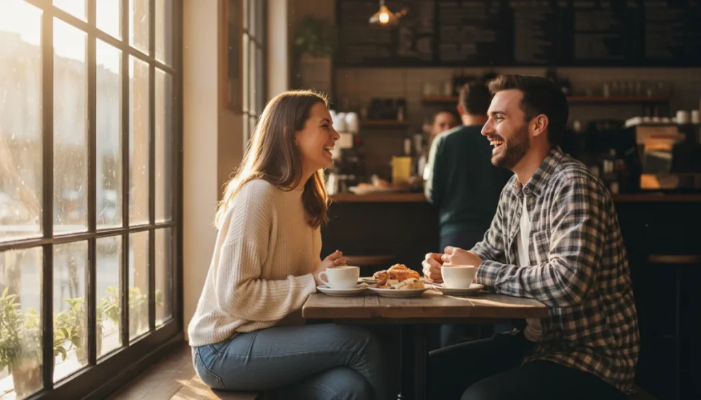 Couple enjoying a successful first coffee date, smiling and making eye contact.