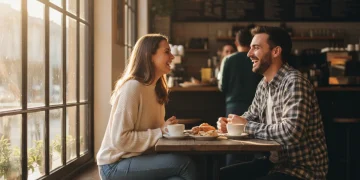 Couple enjoying a successful first coffee date, smiling and making eye contact.