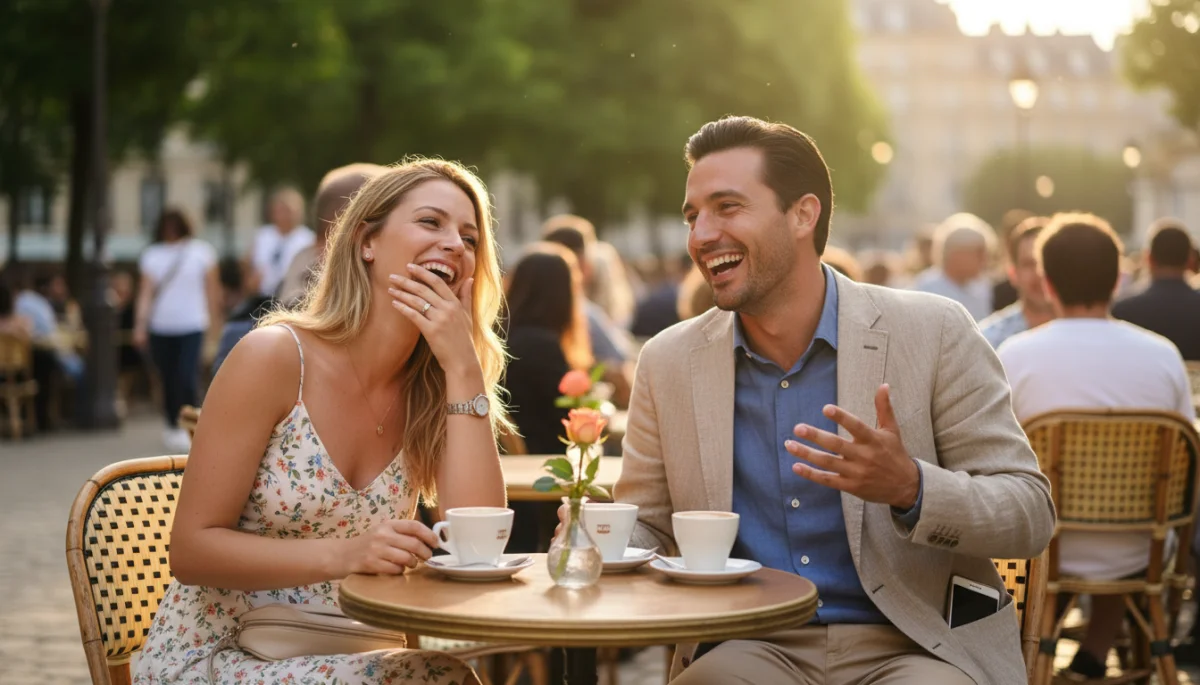 Successful first date, couple laughing at outdoor cafe.