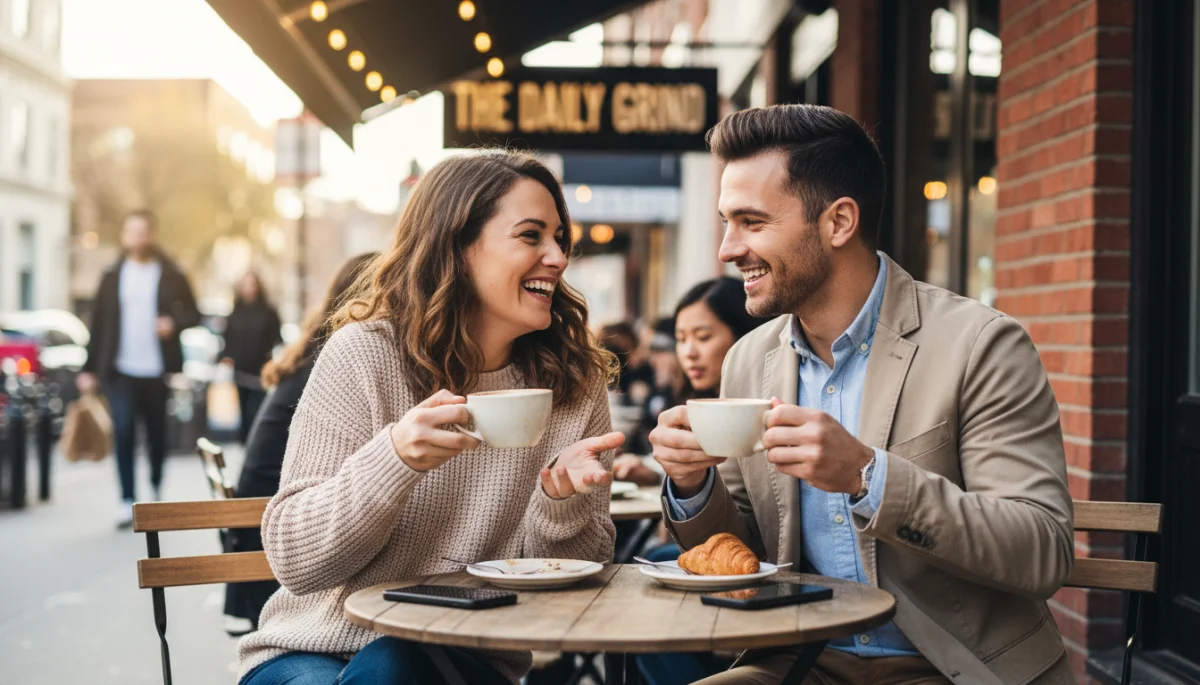 Couple enjoying a coffee on a successful first date.