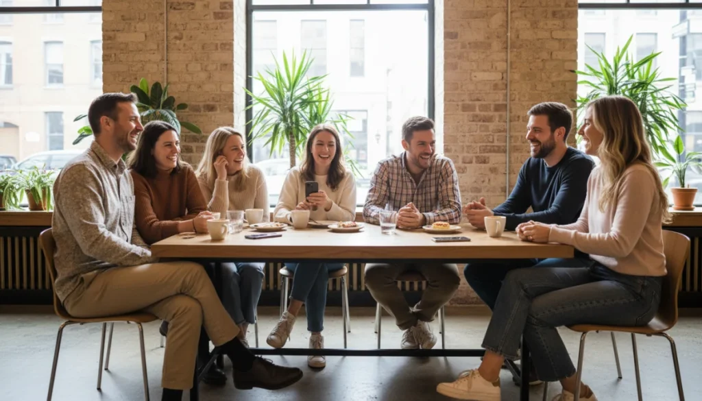 Diverse smiling individuals enjoying a social gathering, representing successful online dating connections.
