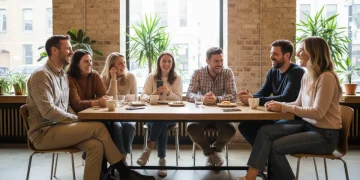 Diverse smiling individuals enjoying a social gathering, representing successful online dating connections.