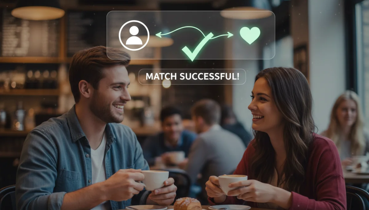 Couple enjoying coffee after meeting through online dating