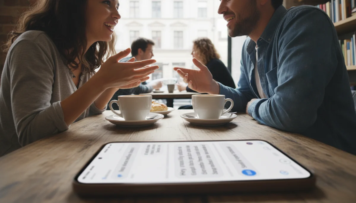 Couple enjoying coffee after successful online chat conversion to date.