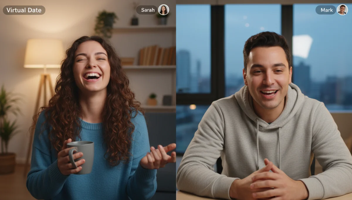Two individuals enjoying a video call, showcasing a positive virtual dating interaction.