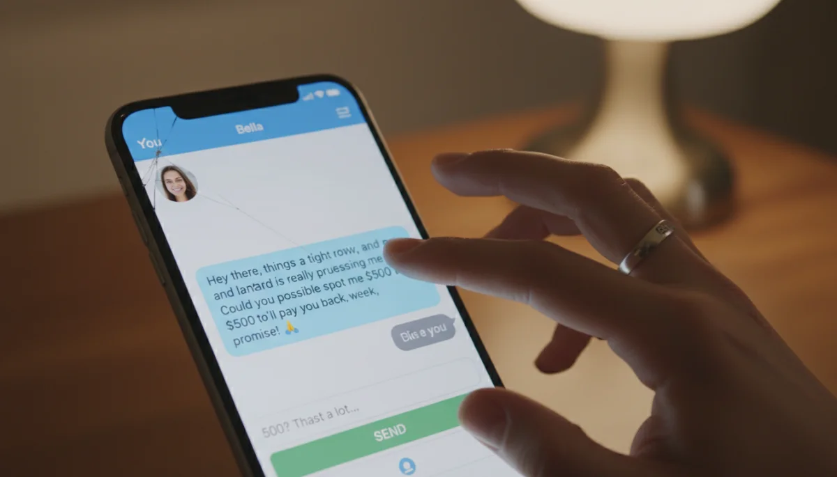 Dating app conversation showing suspicious money request, highlighting a red flag.