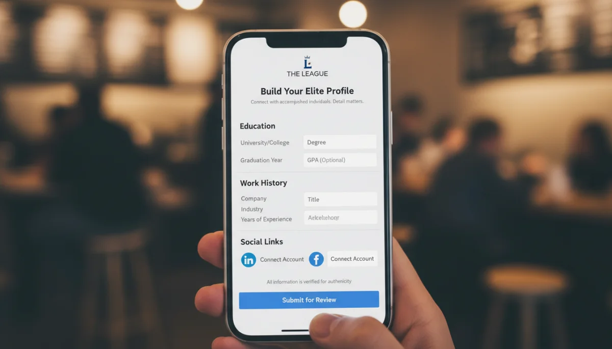 The League app profile creation screen, showing detailed input fields
