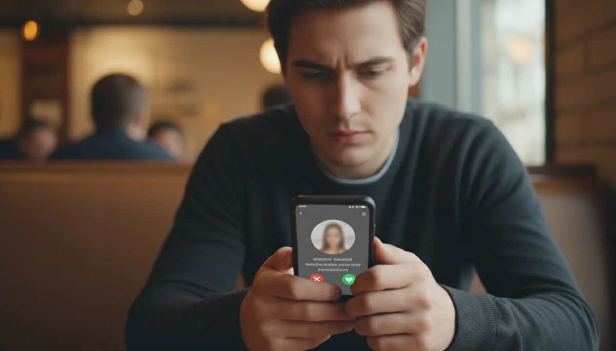 Person contemplating dating app profiles, reflecting on thoughtful choices in slow dating.