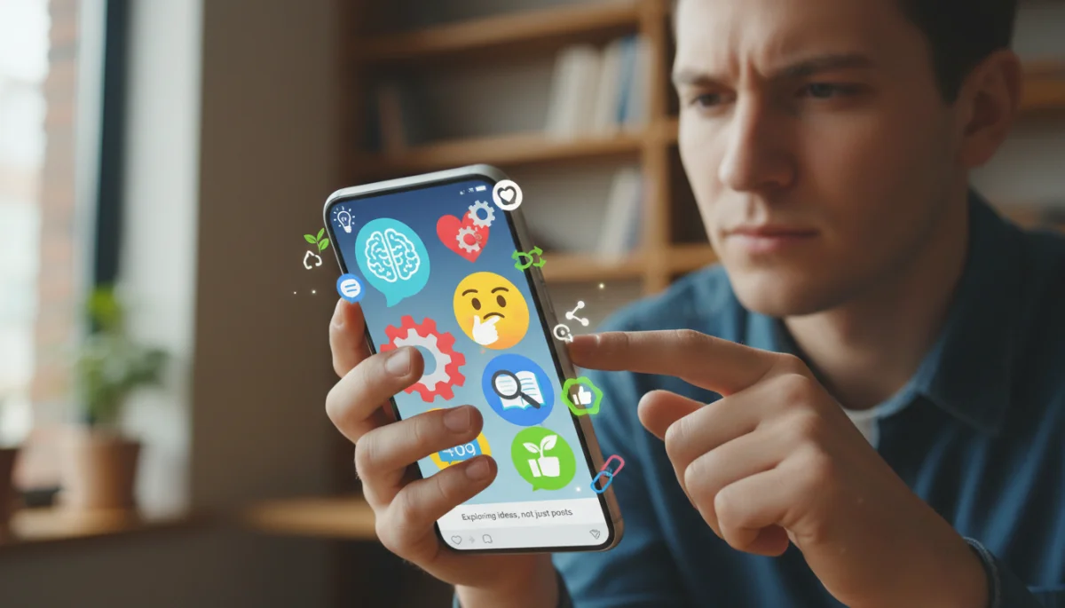 Person thoughtfully engaging with social media on smartphone
