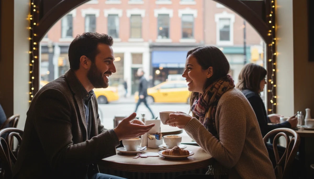 Couple on a traditional coffee date, showing genuine human interaction