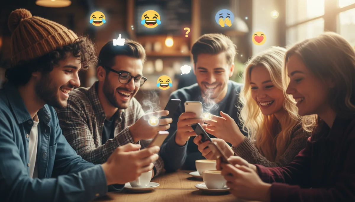 Group of friends discussing dating app messages and emoji meanings.