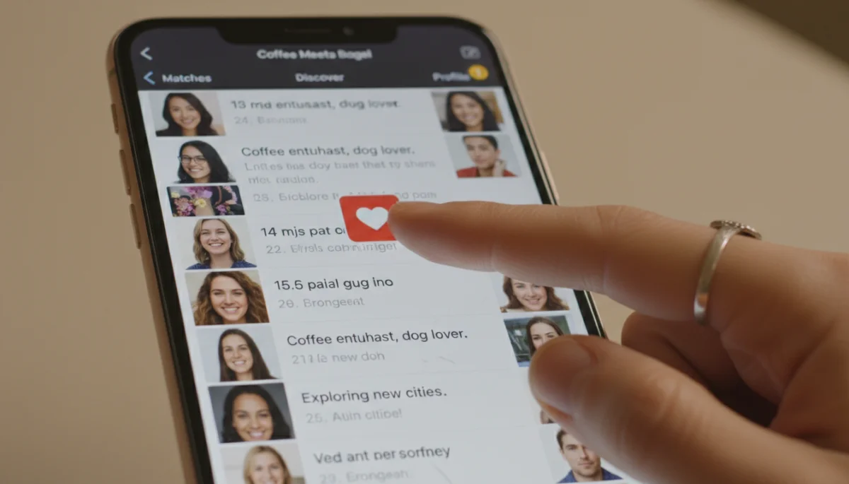 User engaging with the Coffee Meets Bagel Discover tab, tapping 'like' on a profile.