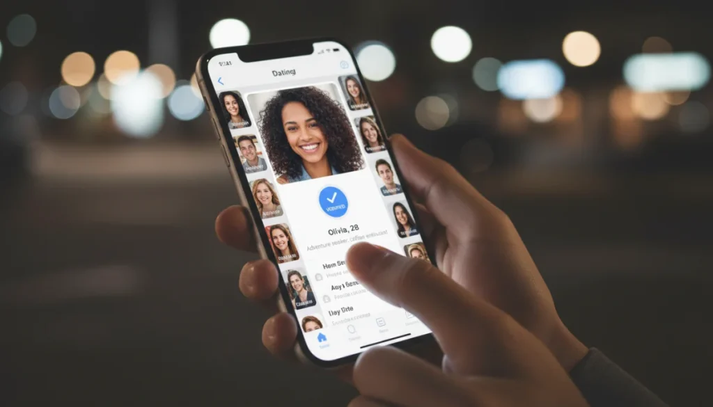 Smartphone displaying a verified dating app profile, highlighting online safety.