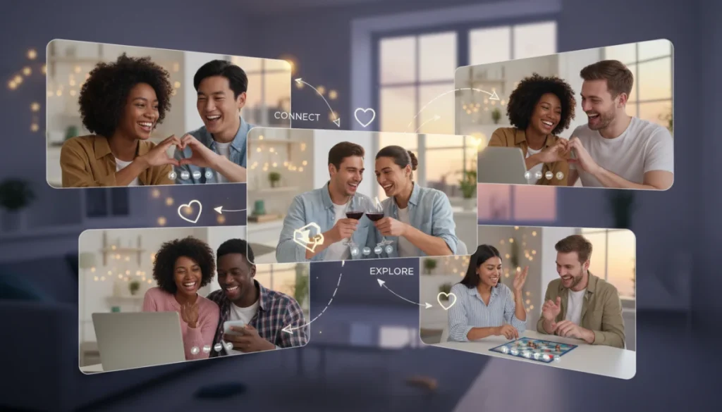 Young adults engaging in video calls on various devices, representing modern video dating.