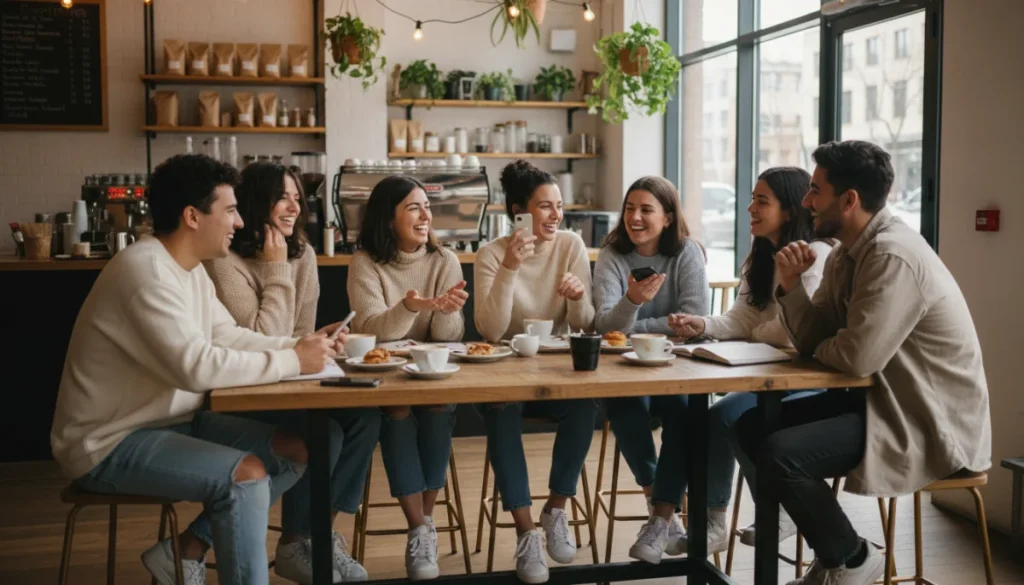 Young adults in a vibrant cafe, reflecting modern dating interactions.