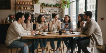 Young adults in a vibrant cafe, reflecting modern dating interactions.