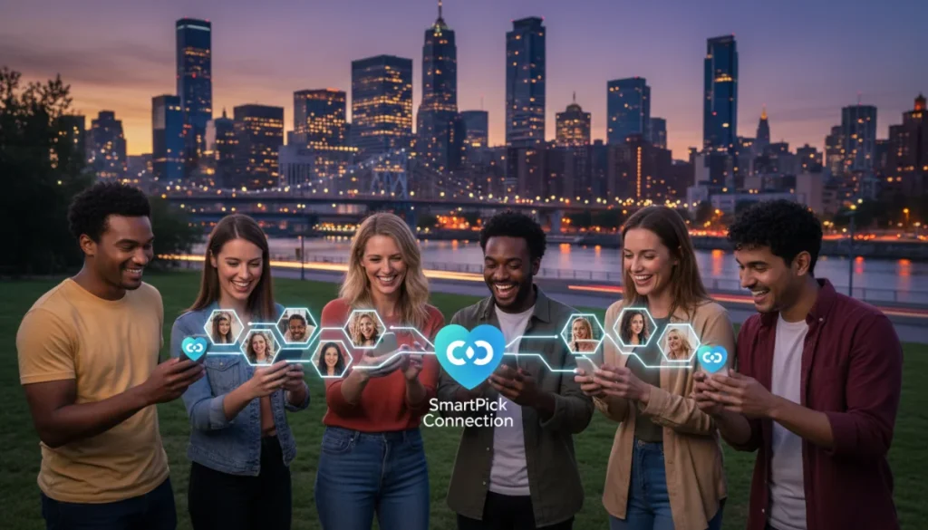 People using Zoosk SmartPick technology on their phones, with a city background.