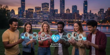 People using Zoosk SmartPick technology on their phones, with a city background.